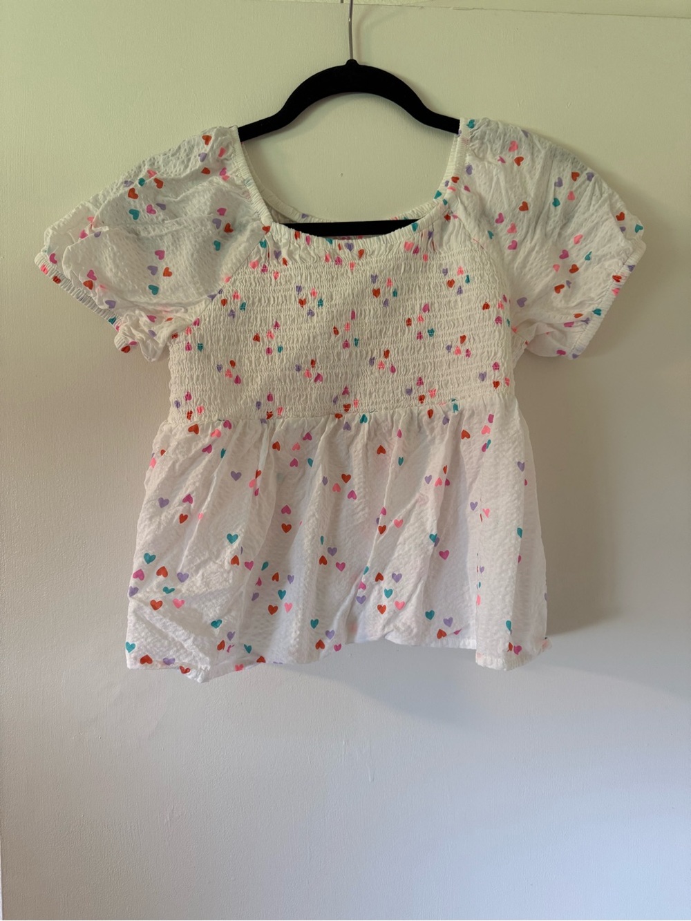 Cat & Jack White Smocked Top with Multicolor Heart Accents